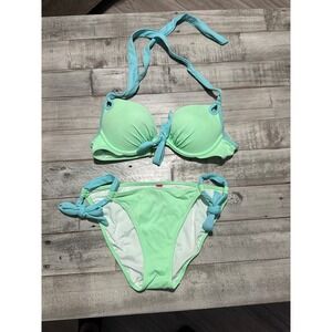 Victoria's Secret Bikini Set Mint Green Aqua Blue Push Up Halter 32B/Small